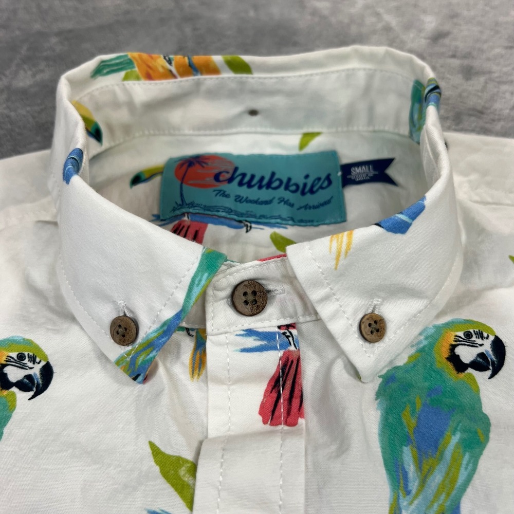 CHUBBIES Button Down Shirt Mens Small White Parrot Toucan Tropical - Picture 4 of 16